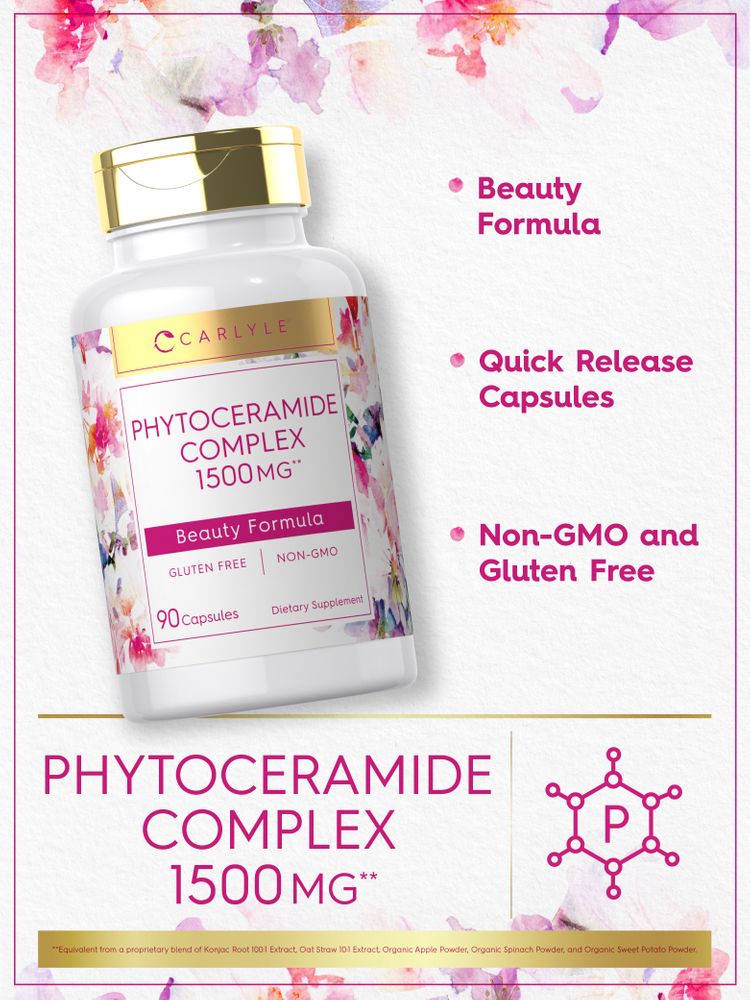 Carlyle Phytoceramide Complex 1500mg, 90 quick release capsules. Beauty formula, non-GMO, gluten free.