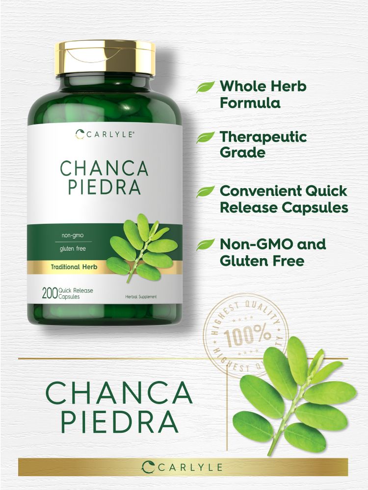 Carlyle Chanca Piedra 500 mg bottle with 200 quick-release capsules, shown on hand scale for size reference.