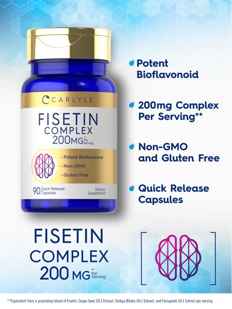 Product highlights graphic stating Potent Bioflavonoid, 200mg Complex Per Serving**, Non-GMO and Gluten Free, Quick Release Capsules.