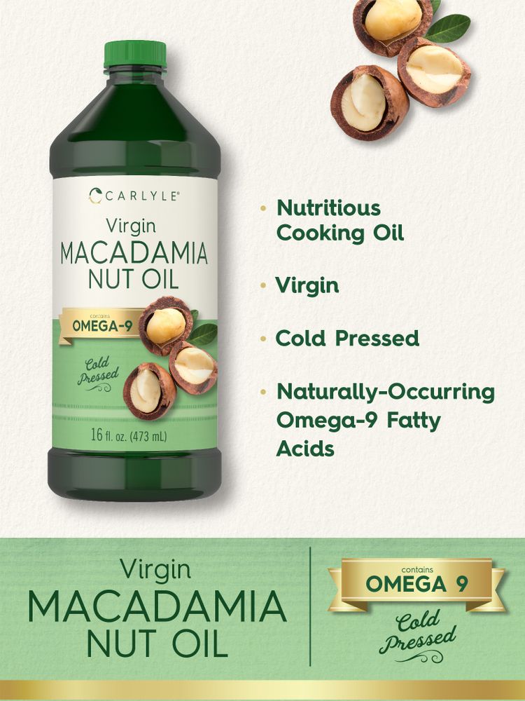 Image of a hand holding a bottle of Macadamia Nut Oil, 16 fl. oz. (473 mL).