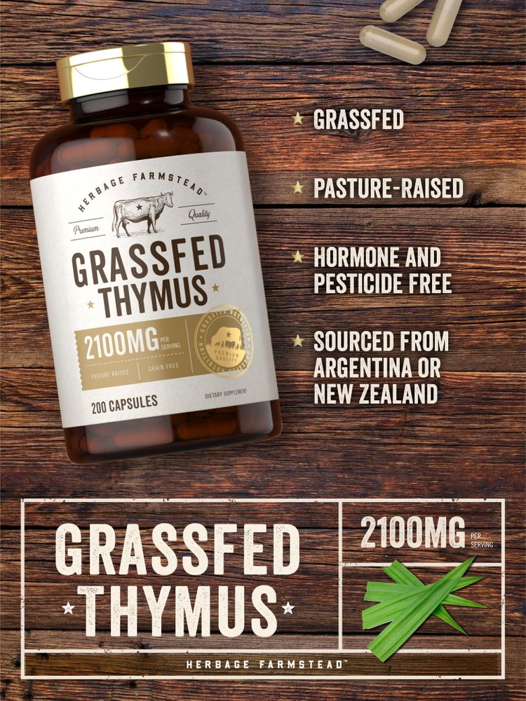 A hand holding Grassfed Thymus Extract capsules, 2100 mg per serving, available in a 200 count bottle.