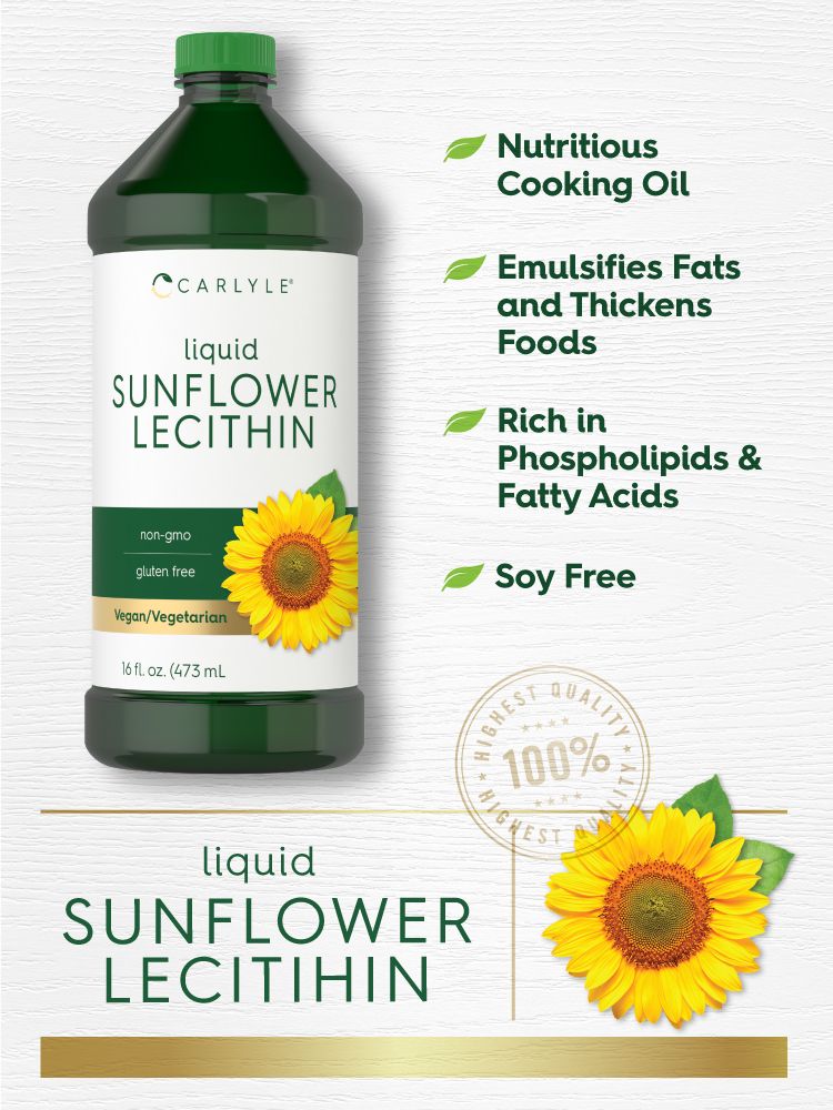A 16 fl. oz. (473 mL) bottle of liquid sunflower lecithin shown in a hand for scale, highlighting its size.