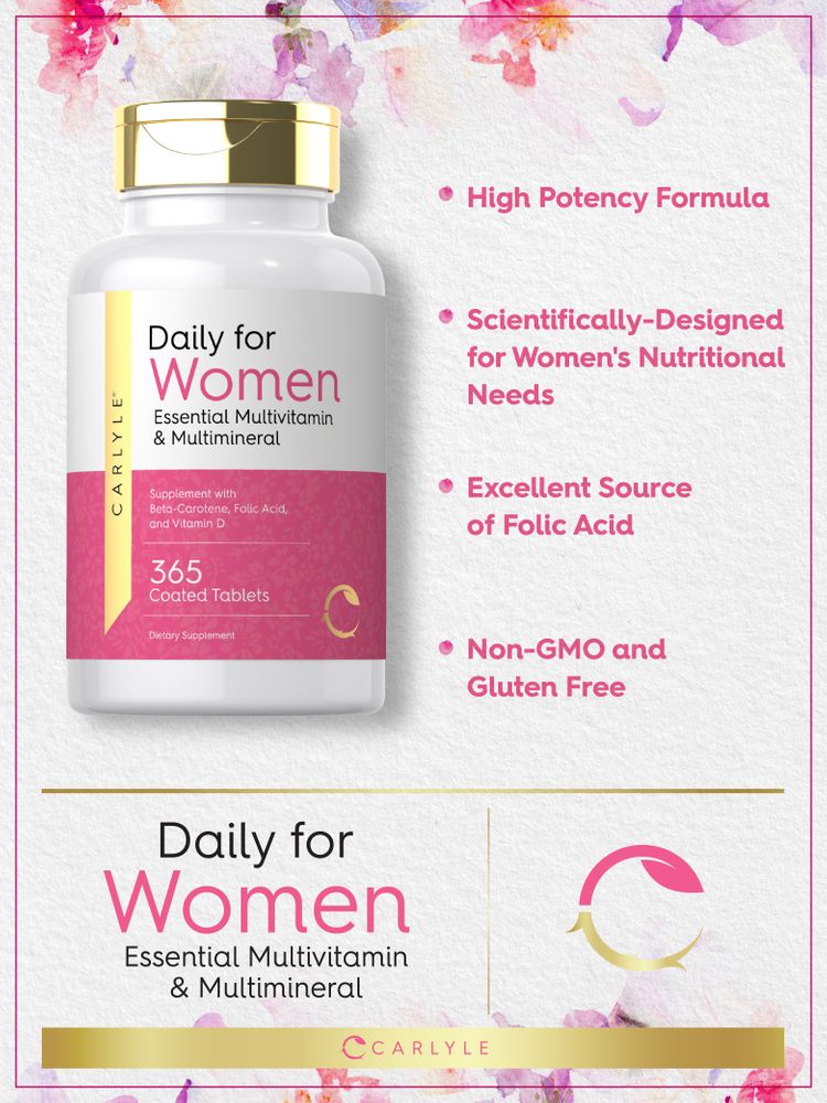 Carlyle Daily for Women Essential Multivitamin & Multimineral 365 Coated Tablets shown on a hand scale.