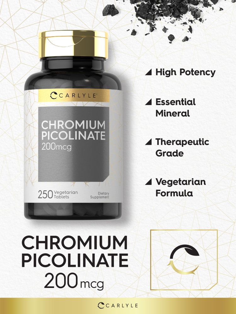 Bottle of Chromium Picolinate 200 mcg with 250 vegetarian tablets on a hand scale.
