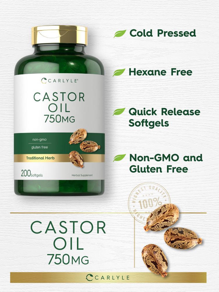 Carlyle Castor Oil 750MG 200 Softgels bottle shown next to raw castor beans.