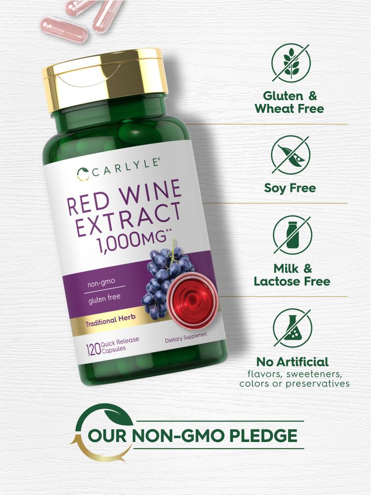 Red Wine Extract 1,000mg bottle with 120 quick-release capsules and four loose red translucent capsules.