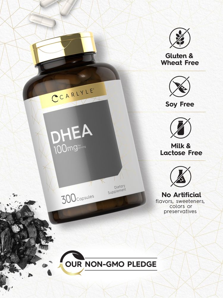 White capsules next to a bottle of Carlyle DHEA 100mg, containing 300 capsules.