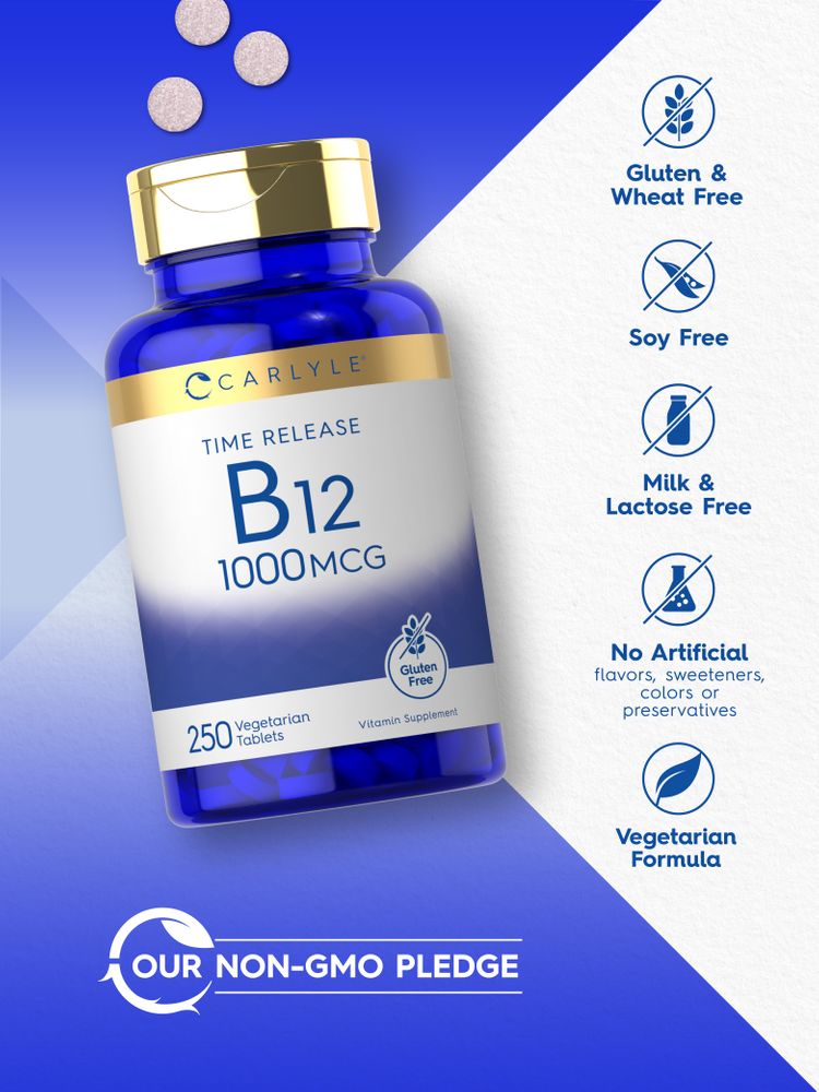 Carlyle Timed Release Vitamin B-12 1000 mcg, 250 Vegetarian Tablets shown on a hand scale to indicate size and bulk of the bottle.