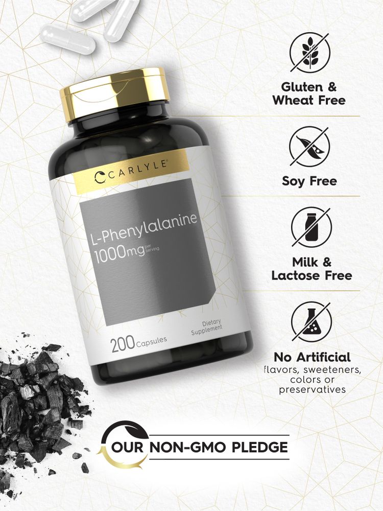 A bottle labeled L-Phenylalanine 1000mg contains 200 white capsules.