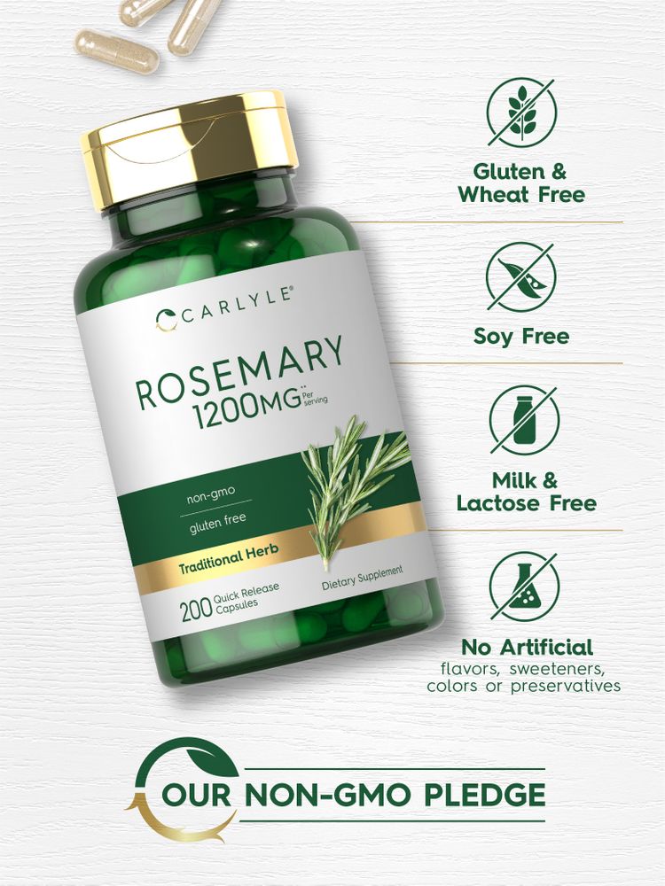Translucent, light brown, elongated Rosemary 1200 mg capsules on a bulk scale.