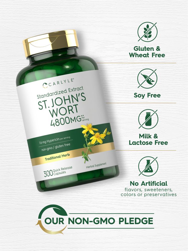 Hand holding Carlyle St. John's Wort 4800 mg, 300 quick release capsules.