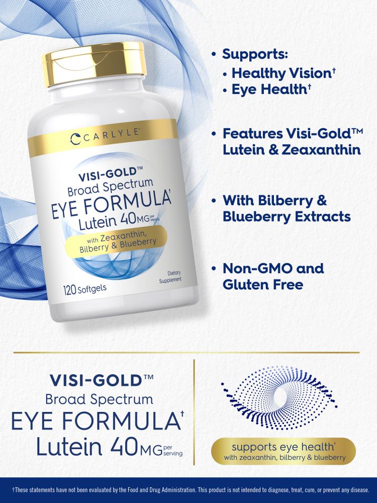 Carlyle Visi-Gold Broad Spectrum Eye Formula with Lutein 40MG per serving, containing 120 softgels.