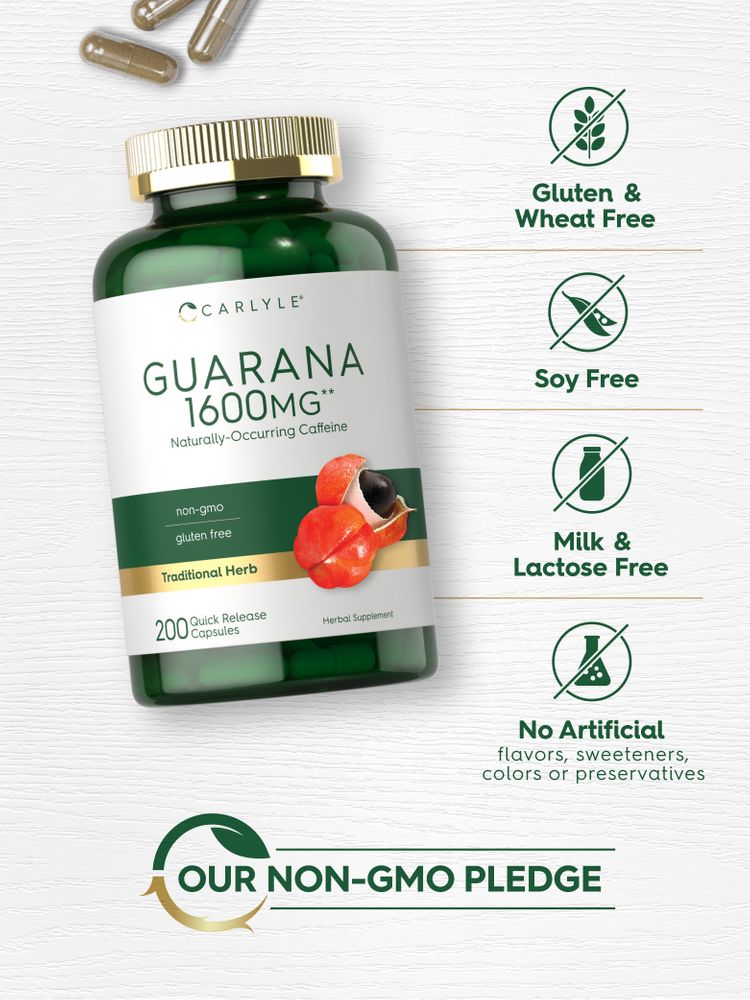 Carlyle Guarana 1600mg 200 Quick Release Capsules bottle, with brown capsules scattered around.