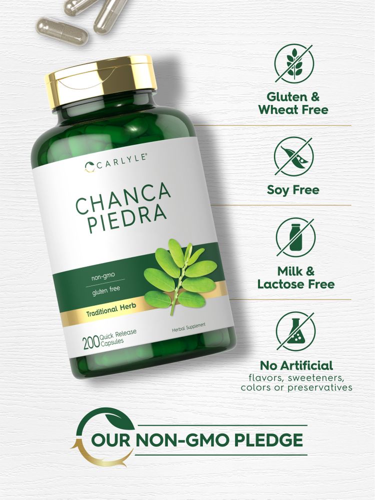Carlyle Chanca Piedra 200 Quick Release Capsules bottle displayed with loose capsules on a hand.