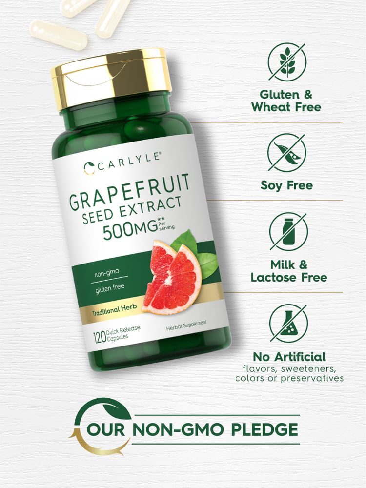 500 mg Grapefruit Seed Extract capsules, quick release, shown next to a hand for scale.