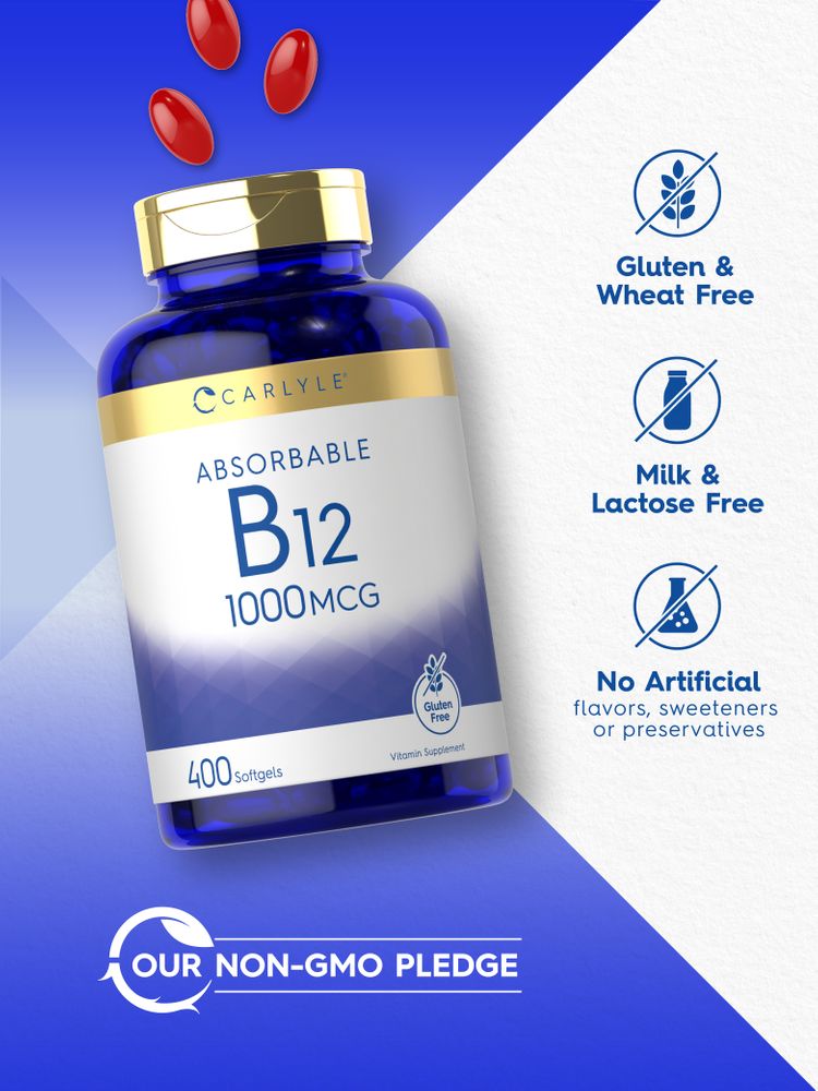 Bottle of Carlyle Absorbable B12 1000 MCG with red softgels visible around it, totaling 400 softgels.