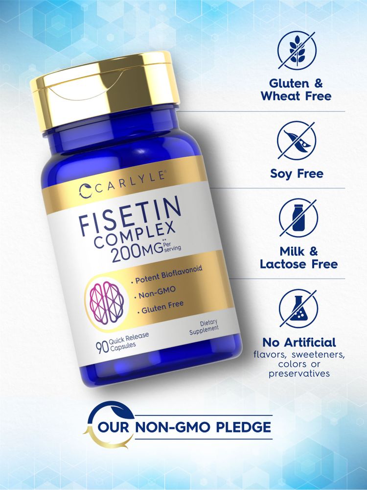 Fisetin Complex 200mg Quick Release Capsules, 90 count, shown on a hand scale for size reference.