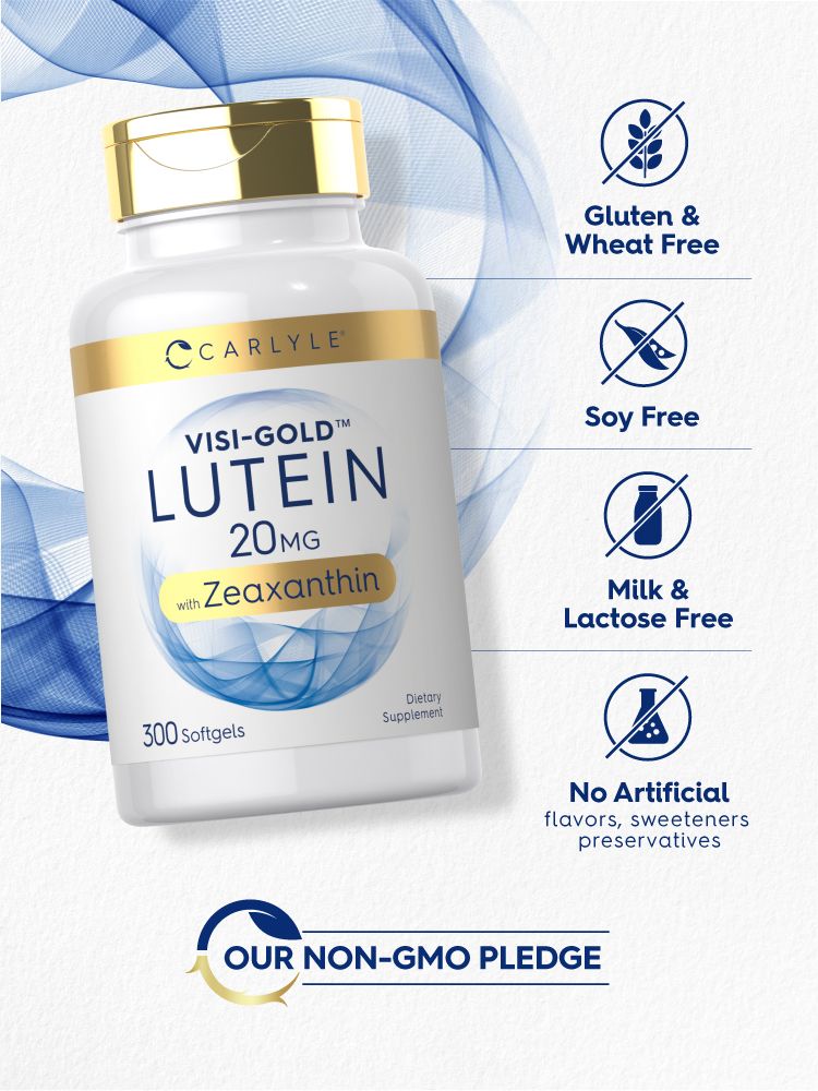 Lutein bottle: Gluten and wheat free, soy free, milk and lactose free, no artificial flavors or preservatives, non-GMO.