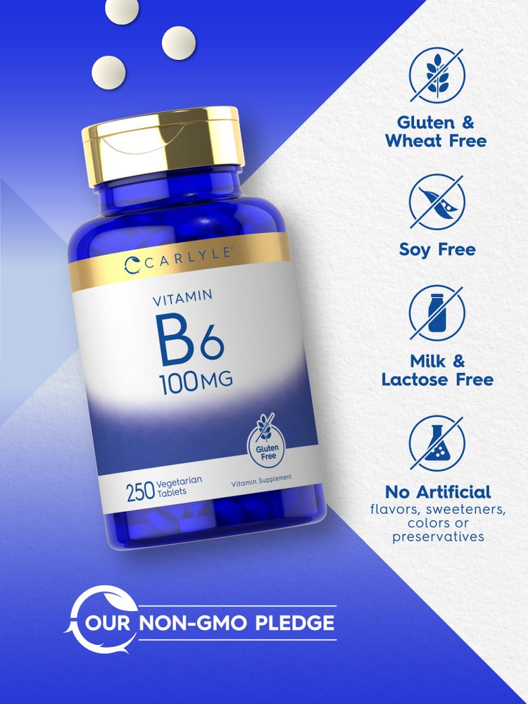 Carlyle Vitamin B6 100mg bottle containing 250 vegetarian tablets, shown on a hand scale for visual reference.