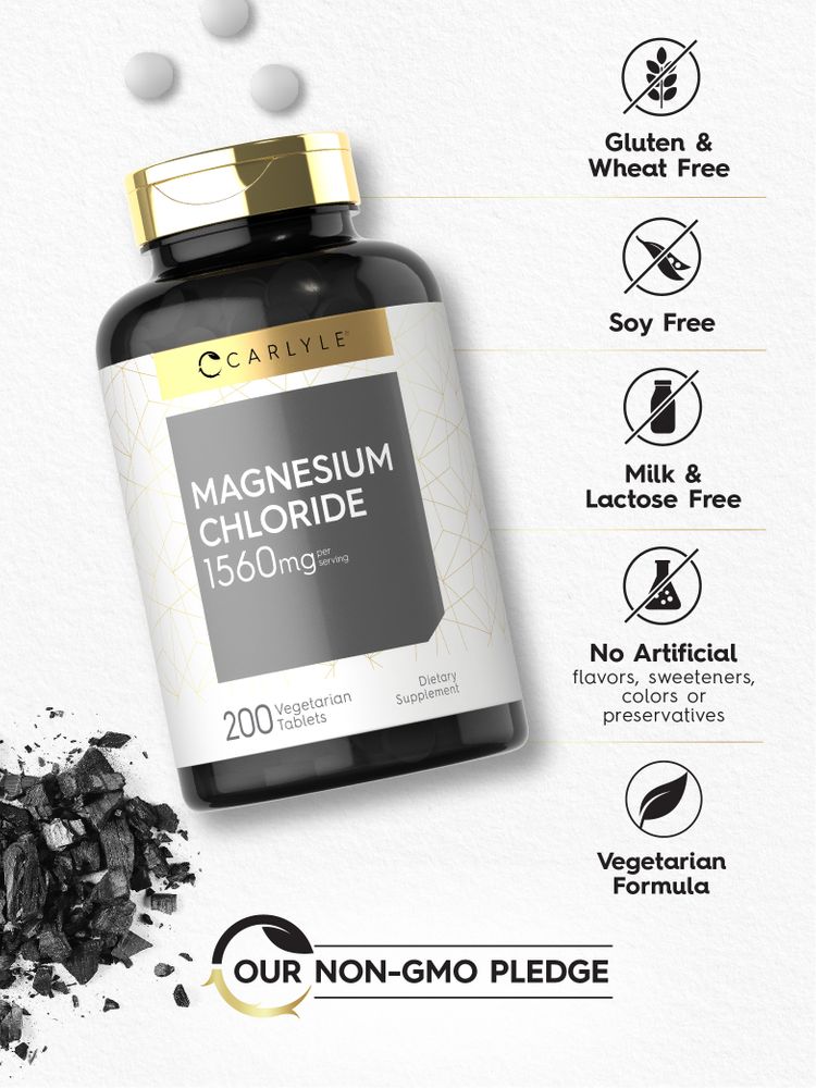 Bottle of Magnesium Chloride 1560 mg with 200 tablets and loose white tablets displayed.
