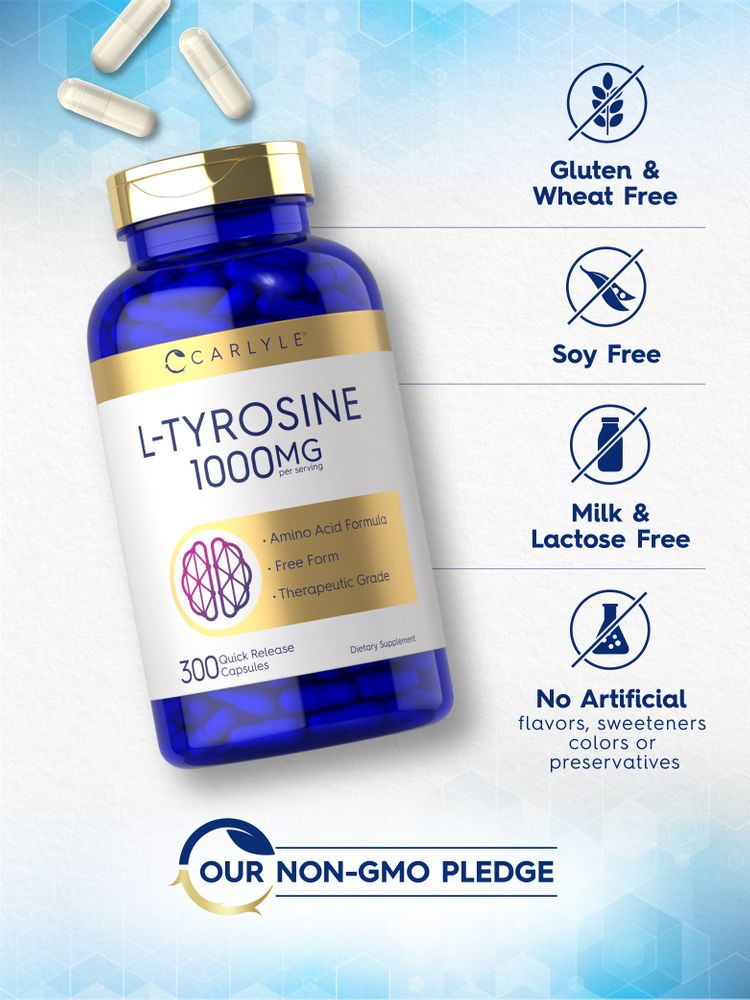 An open hand holding three white L-Tyrosine 1000mg capsules.