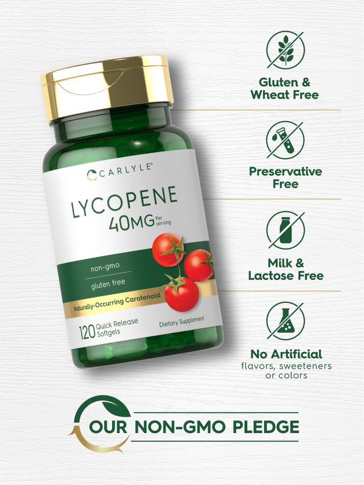 Lycopene bottle: Gluten & Wheat Free, Preservative Free, Milk & Lactose Free, No Artificial Flavors/Sweeteners/Colors, Non-GMO