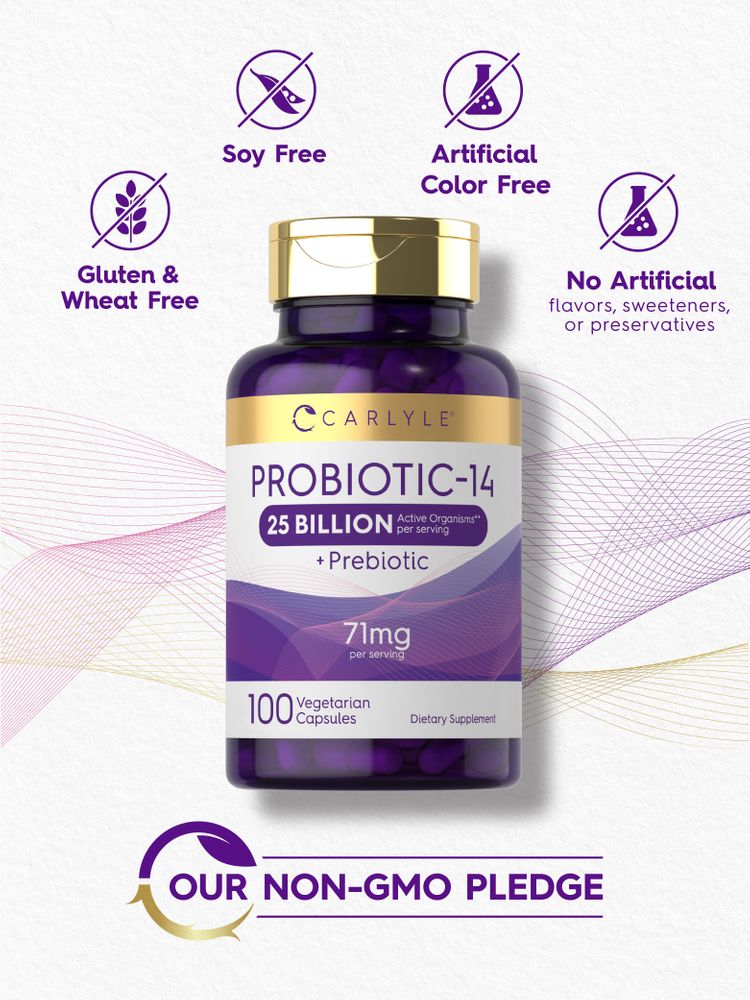 Probiotic bottle: Soy Free, Gluten & Wheat Free, Artificial Color Free, No Artificial Flavors/Sweeteners/Preservatives, OUR NON-GMO PLEDGE