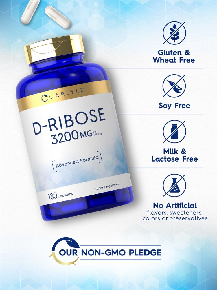 Two white capsules containing D-Ribose, 3200 mg per serving.