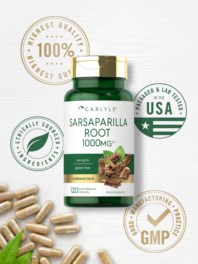Bottle of Sarsaparilla Root 1000mg 120 Quick Release Capsules with scattered capsules and green leaves.