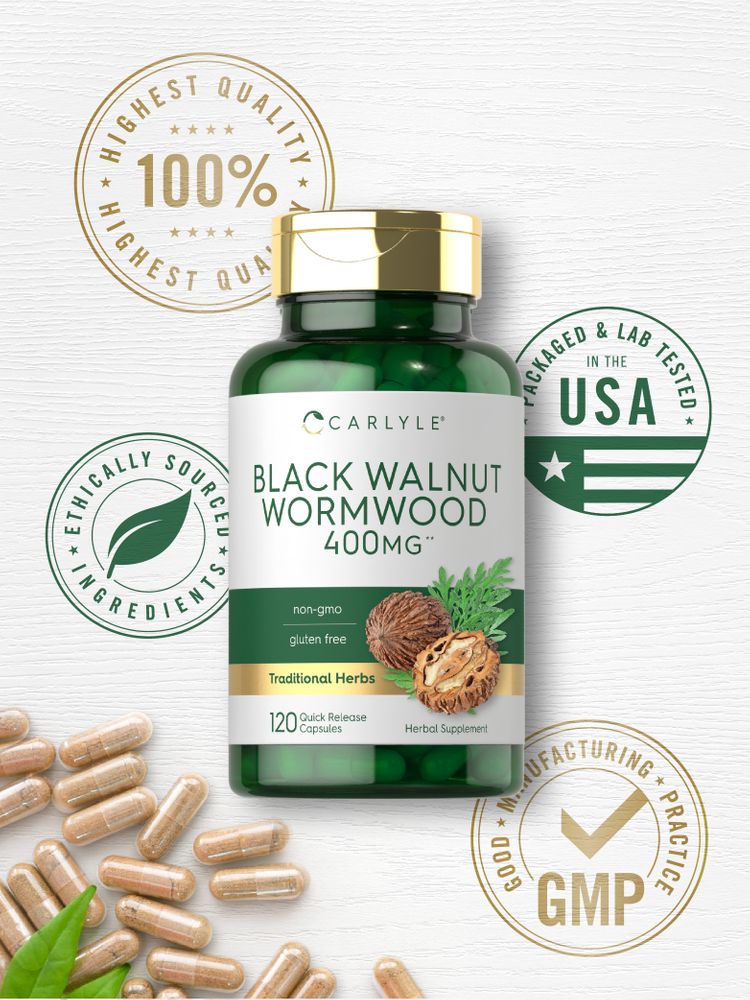 400mg Black Walnut Wormwood Quick Release Capsules on a hand scale, showcasing accurate weight measurement and supplement details.