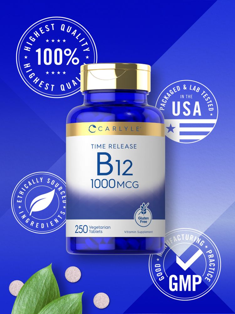 Several light pink, round Carlyle Timed Release Vitamin B-12 1000 mcg Vegetarian Tablets are on display.