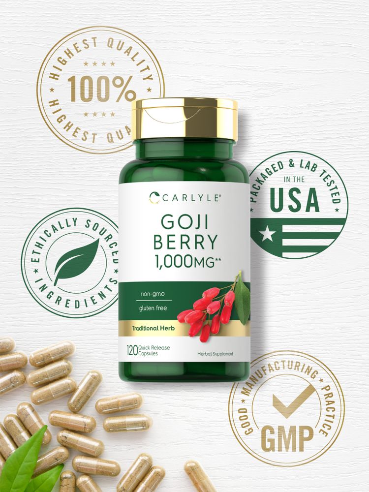 Goji Berry 1,000MG Quick Release Capsules spread out on a white surface.