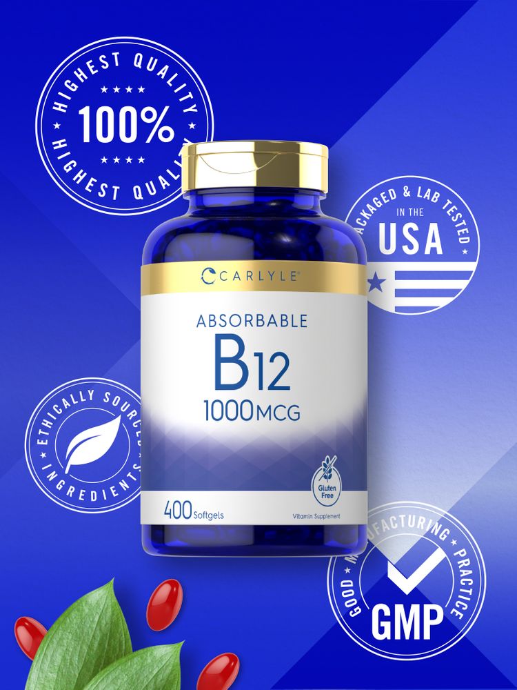 A red bottle of Vitamin B-12 1000 mcg with 400 softgels, shown on a hand scale for size reference.