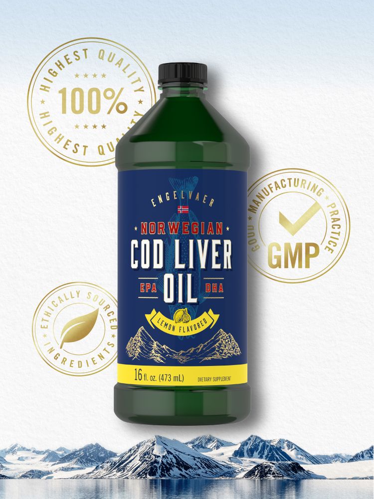 A 16 fl. oz. (473 mL) bottle of Norwegian Cod Liver Oil, lemon flavored dietary supplement.