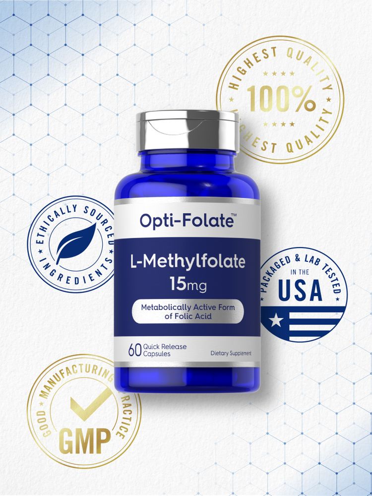 Hand holds L-Methylfolate 15 mg Quick Release Capsules bottle, showing 60 count.