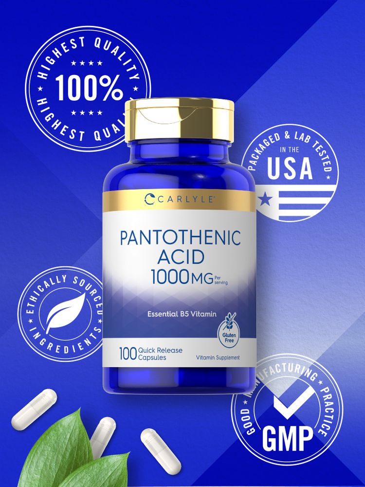 Carlyle Pantothenic Acid 1000 mg Quick Release Capsules placed on green leaves.