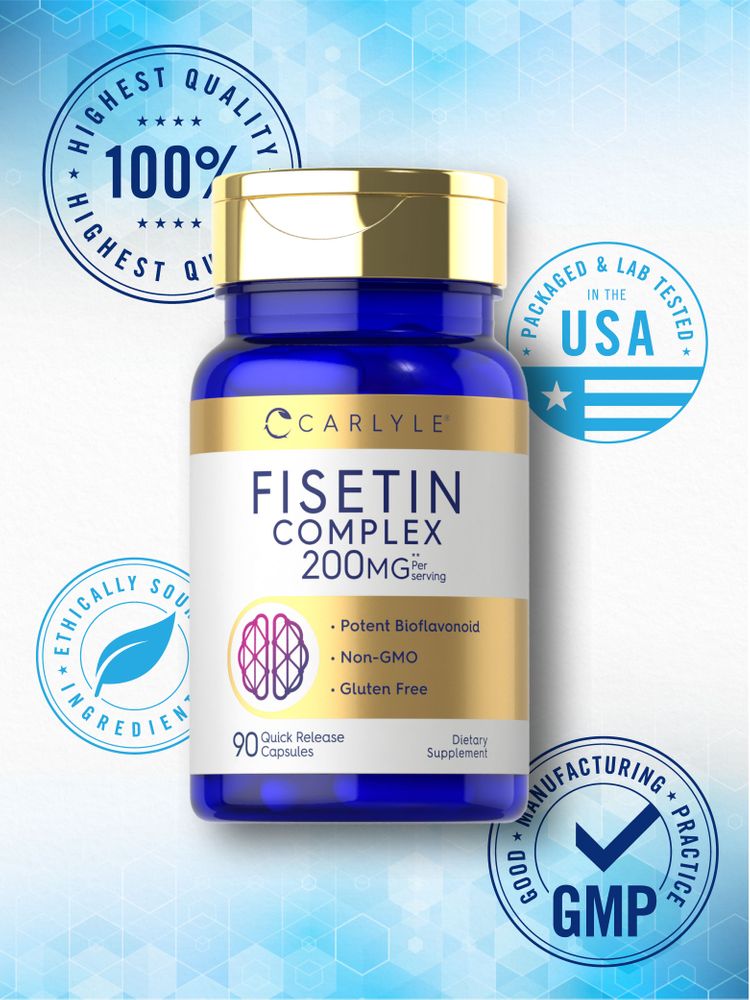 Carlyle Fisetin Complex 200 mg Quick Release Capsules, 90 count, shown on a hand for scale.