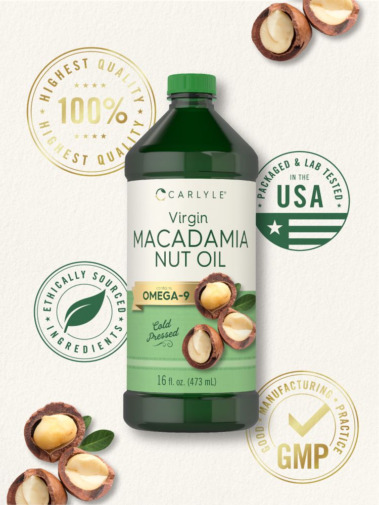Green bottle of Carlyle Virgin Macadamia Nut Oil, 16 fl. oz. (473 mL), with several whole and halved macadamia nuts.