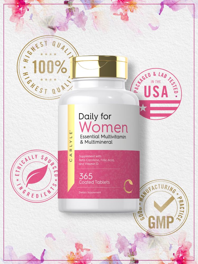 Carlyle Daily for Women Essential Multivitamin & Multimineral includes 365 coated tablets.