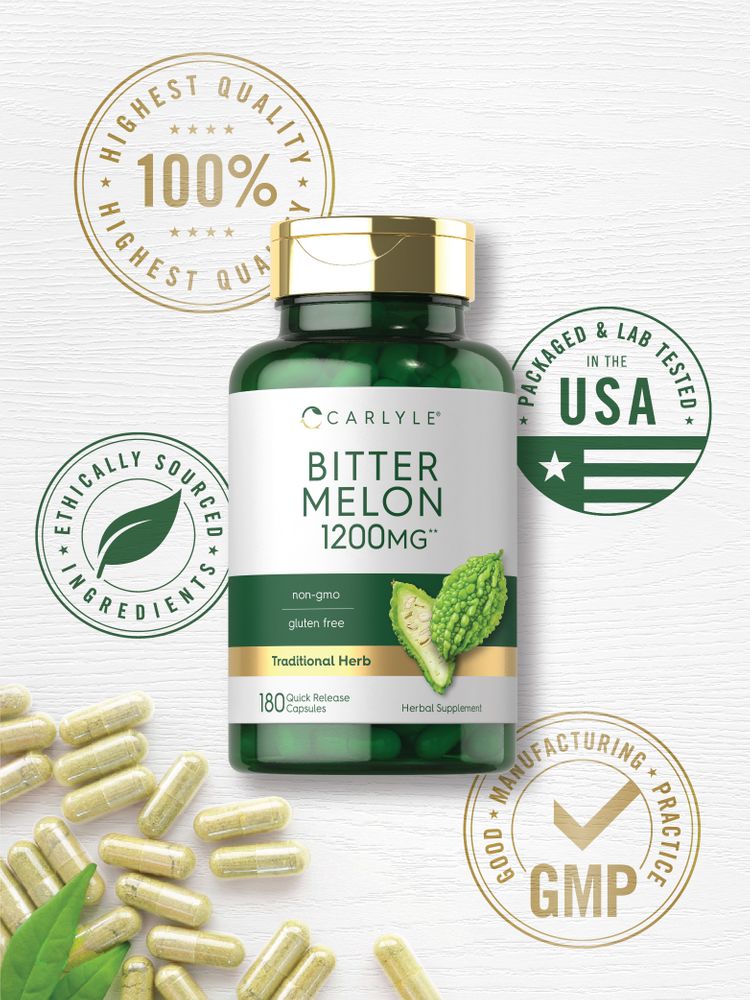 Hand holding Carlyle Bitter Melon 1200 mg Quick Release Capsules.