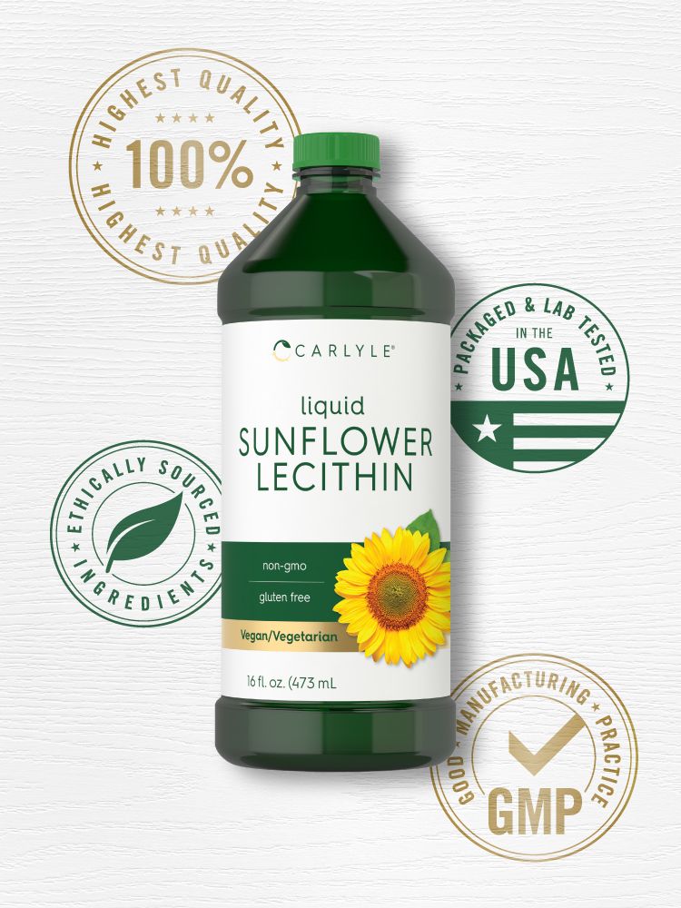 A hand holding a 16 fl. oz. (473 mL) bottle of CL Sunflower Lecithin Liquid, providing a sense of scale and size for clarity.
