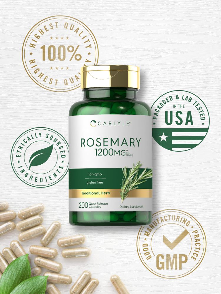 Rosemary 1200 mg quick release capsules are scattered on a white background.