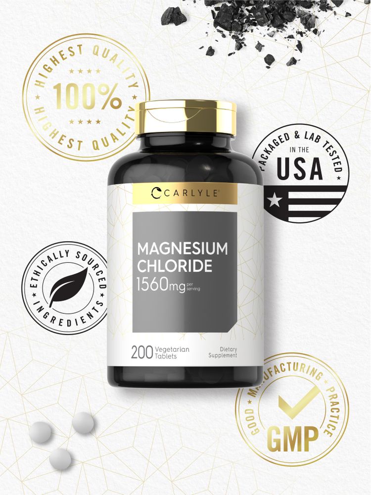 A hand holds three white Magnesium Chloride 1560mg vegetarian tablets, each designed for easy intake and optimal wellness support.