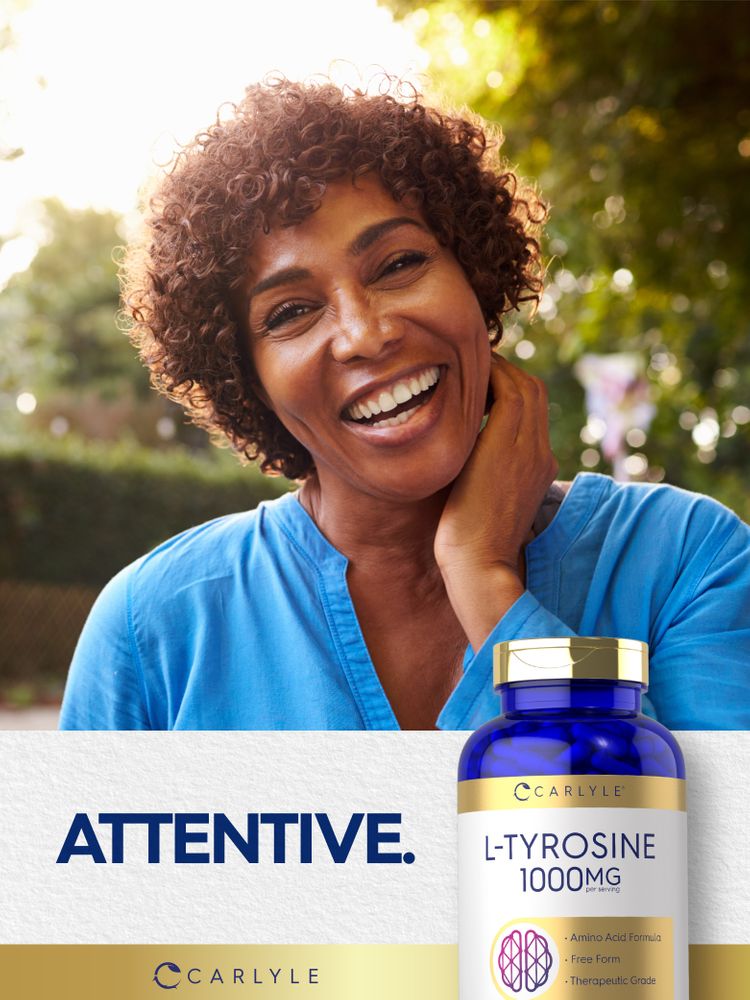 A middle-aged Black woman smiling outdoors next to a Carlyle L-Tyrosine 1000mg bottle.