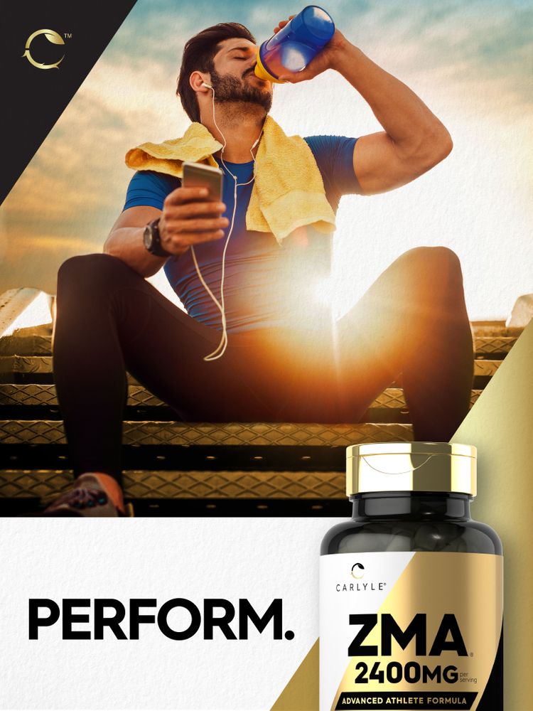 Young adult male athlete drinking from a water bottle, holding a phone, sitting on steps, with Carlyle ZMA 2400mg bottle and 'PERFORM.' text.