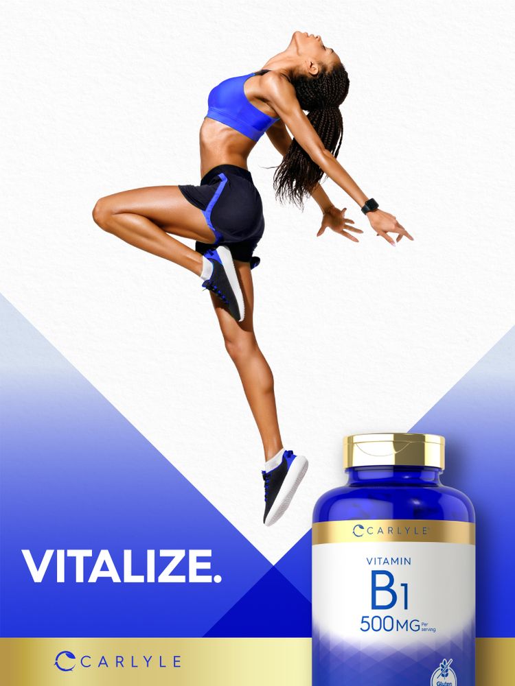 Young adult woman jumping joyfully with a Carlyle Vitamin B1 supplement bottle.