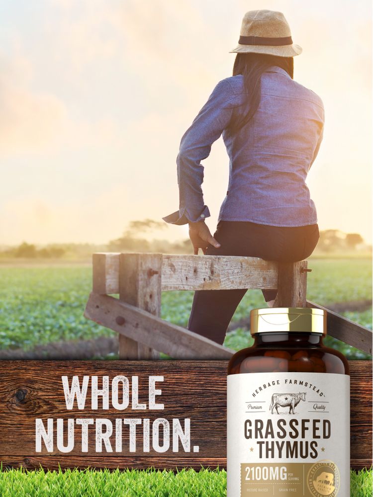 Hand holding a bottle of Grassfed Thymus 2100mg capsules, emphasizing dietary supplement for natural health support.