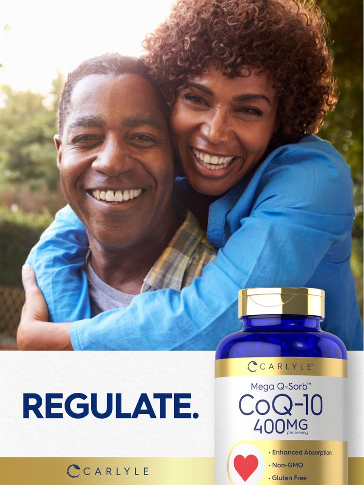 An older Black couple hugging and smiling outdoors, with a Carlyle CoQ-10 400mg bottle in the foreground.