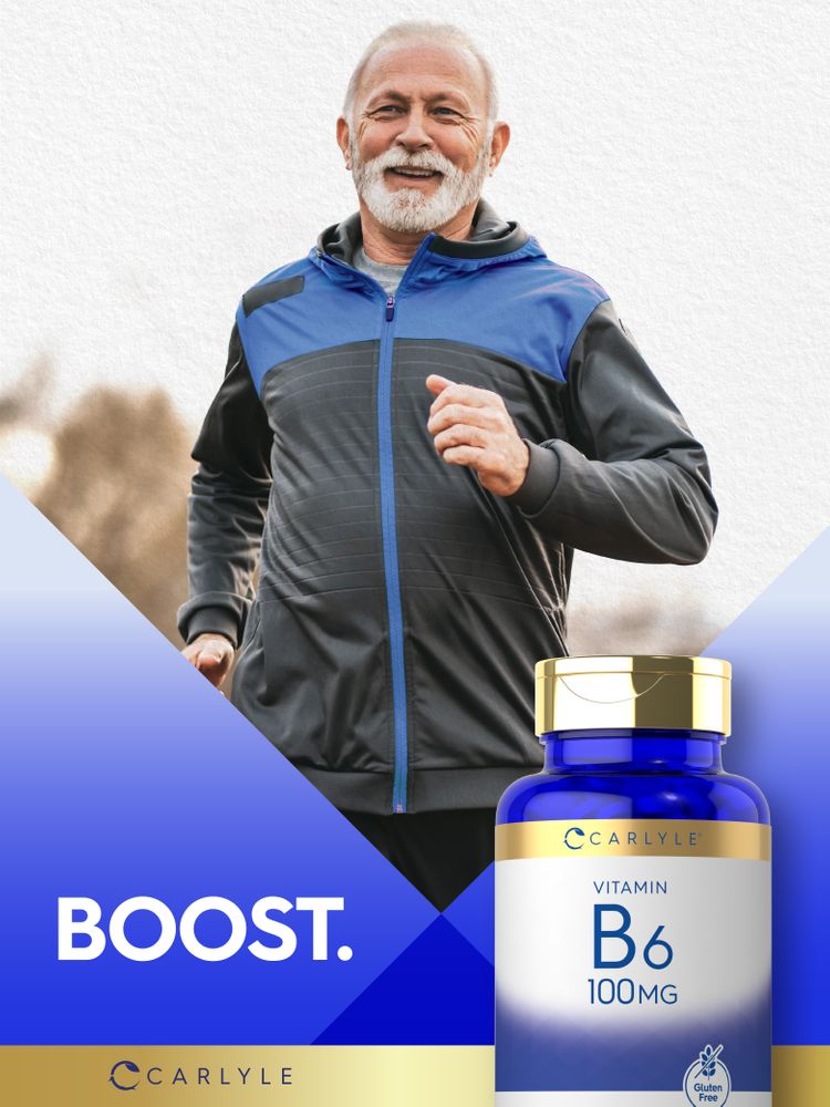 Carlyle Vitamin B-6 100mg bottle with 250 tablets and a Gluten Free icon.