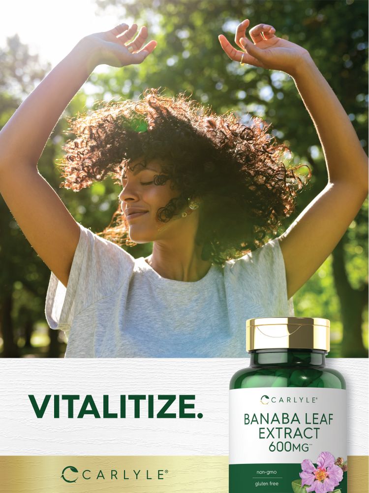 Young adult woman with curly hair enjoying sunlight with arms raised, next to a Carlyle Banaba Extract bottle.